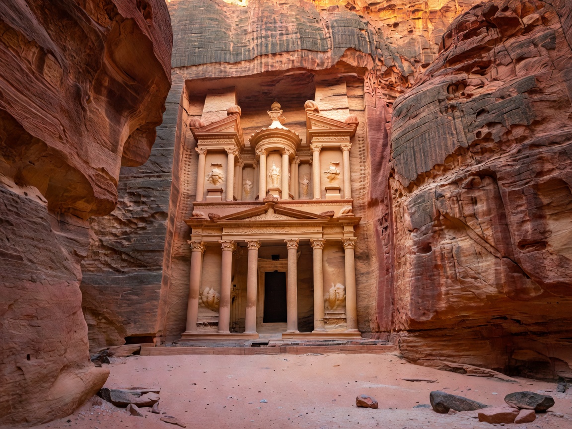 Al Khazneh Treasury seen through the towering rock canyon walls of the Siq