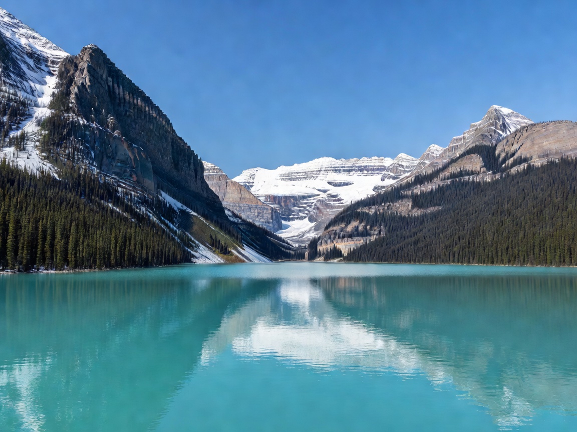 Turquoise glacial water of Lake Louise surrounded by snow-capped Canadian Rocky Mountain peaks
