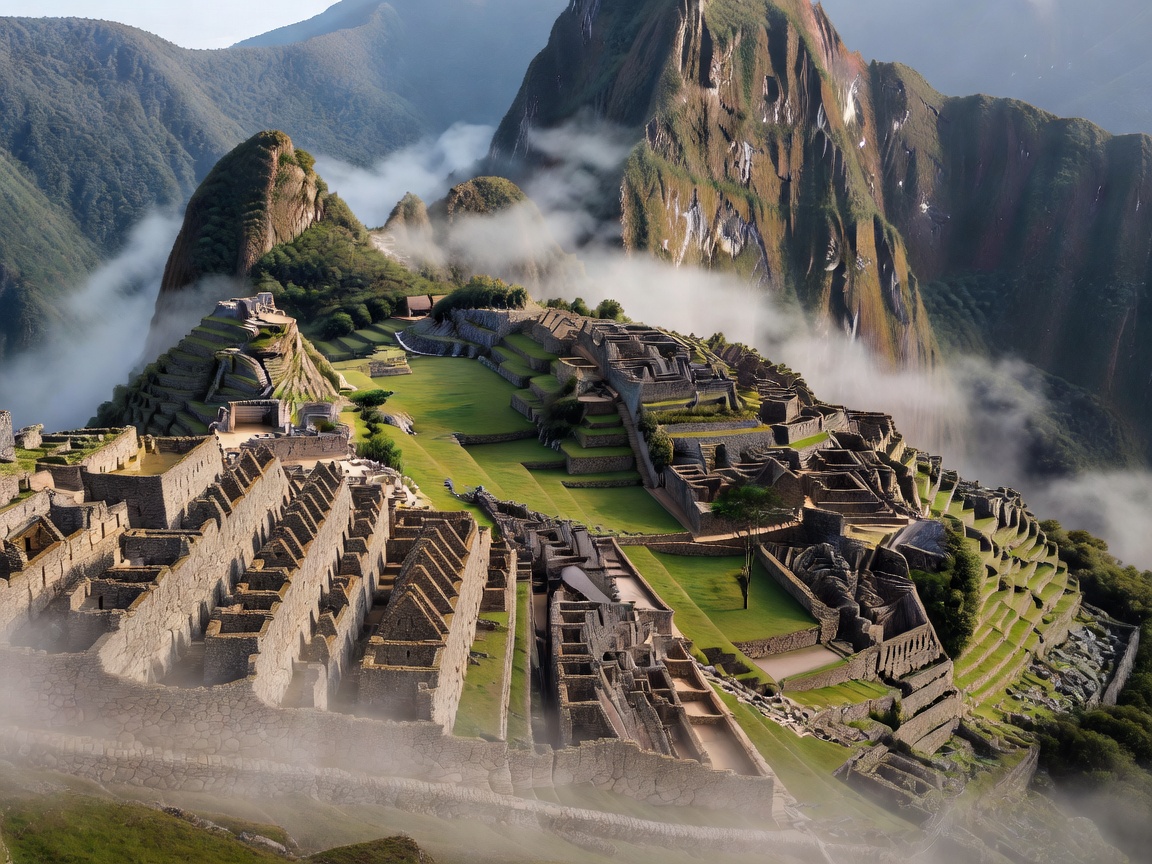 Machu Picchu sanctuary ruined stone buildings against mist-shrouded green Andes peaks