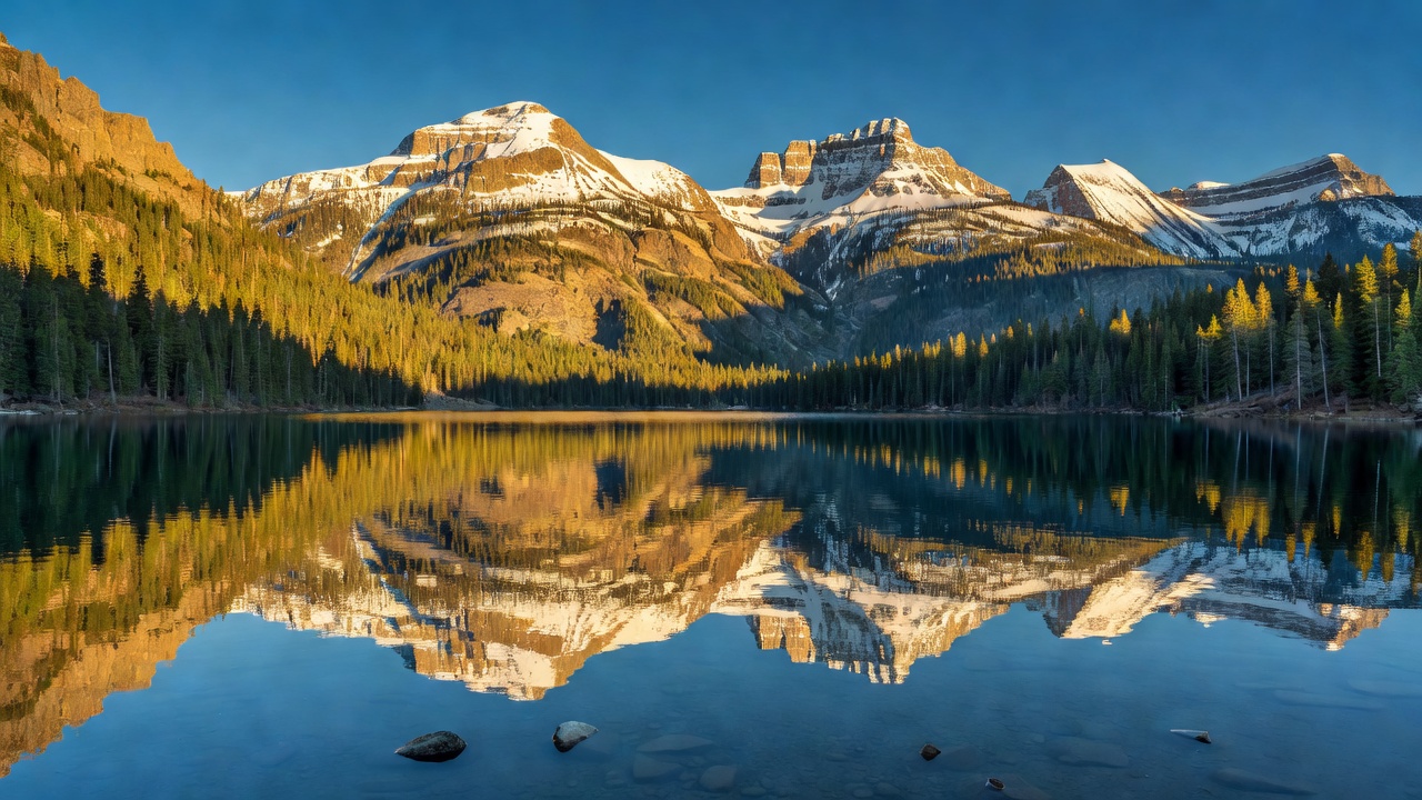 Majestic mountain landscape bathed in golden sun reflections on a clear alpine lake