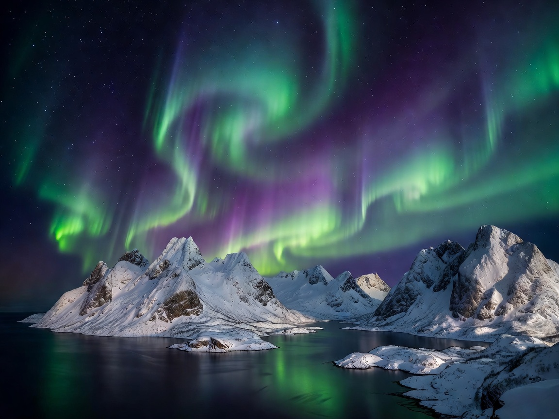 Northern lights illuminated in dark sky over snow covered Lofoten fjord peaks