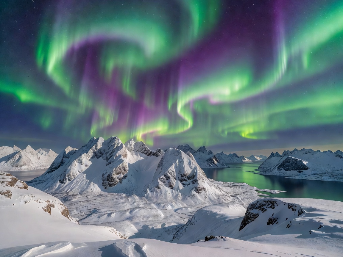 Vibrant green northern lights shimmering over dramatic snow covered fjords in Lofoten Norway