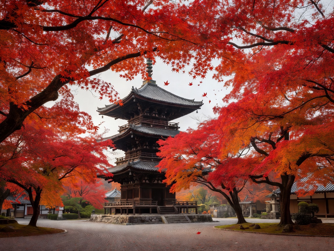 Pagoda framed by red maple autumn trees in Kyoto Japan