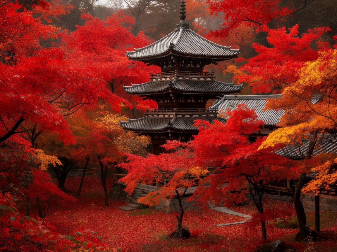 Pagoda surrounded by vibrant red Japanese autumn foliage