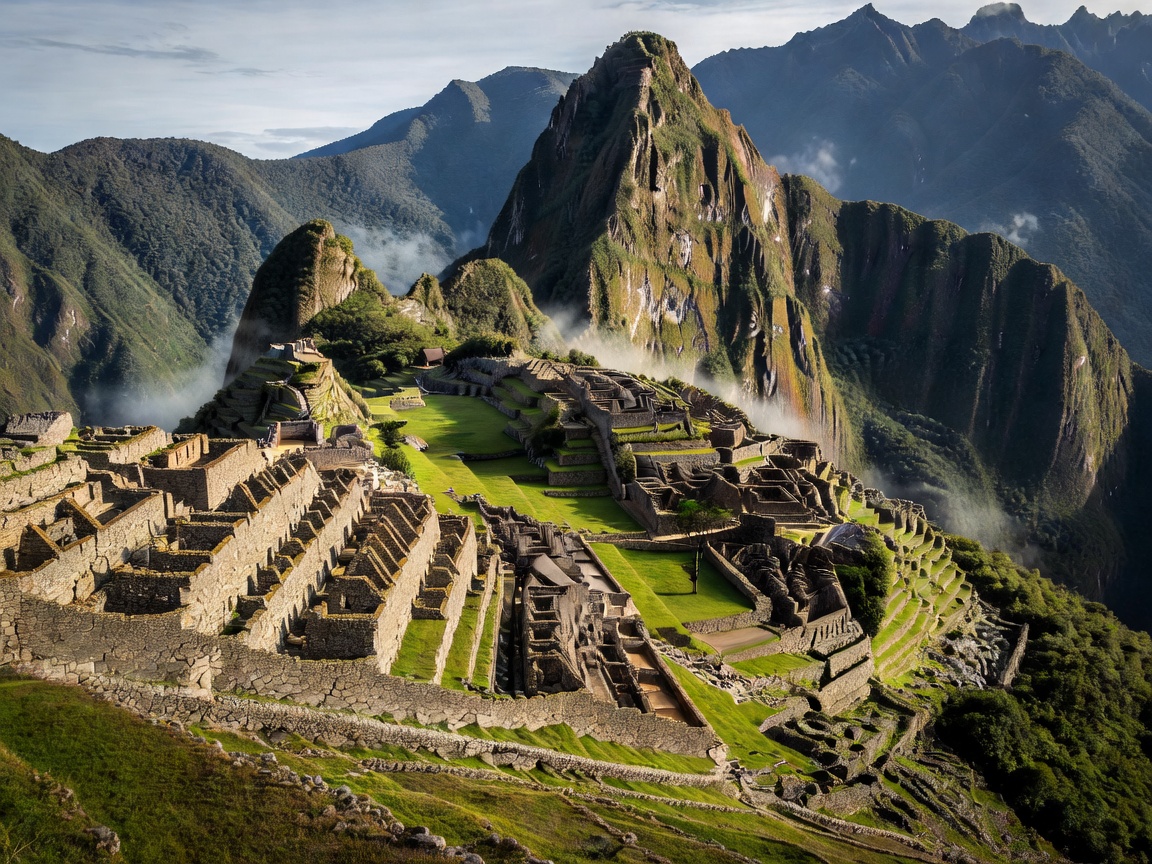 Panoramic view of Machu Picchu stone terraces set against green mountain peaks
