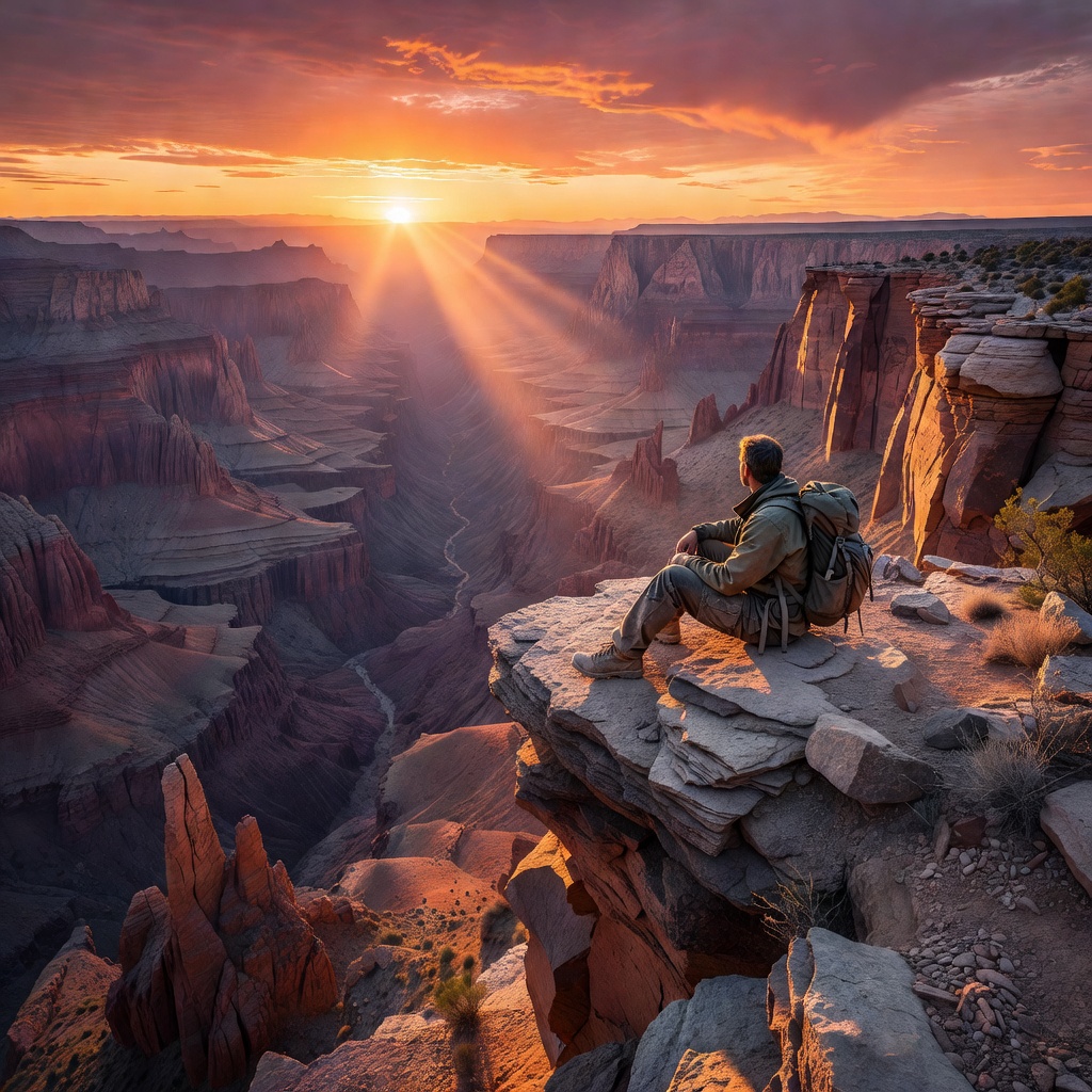 Solo hiker sitting on a dramatic cliff overlooking a deep canyon during sunset