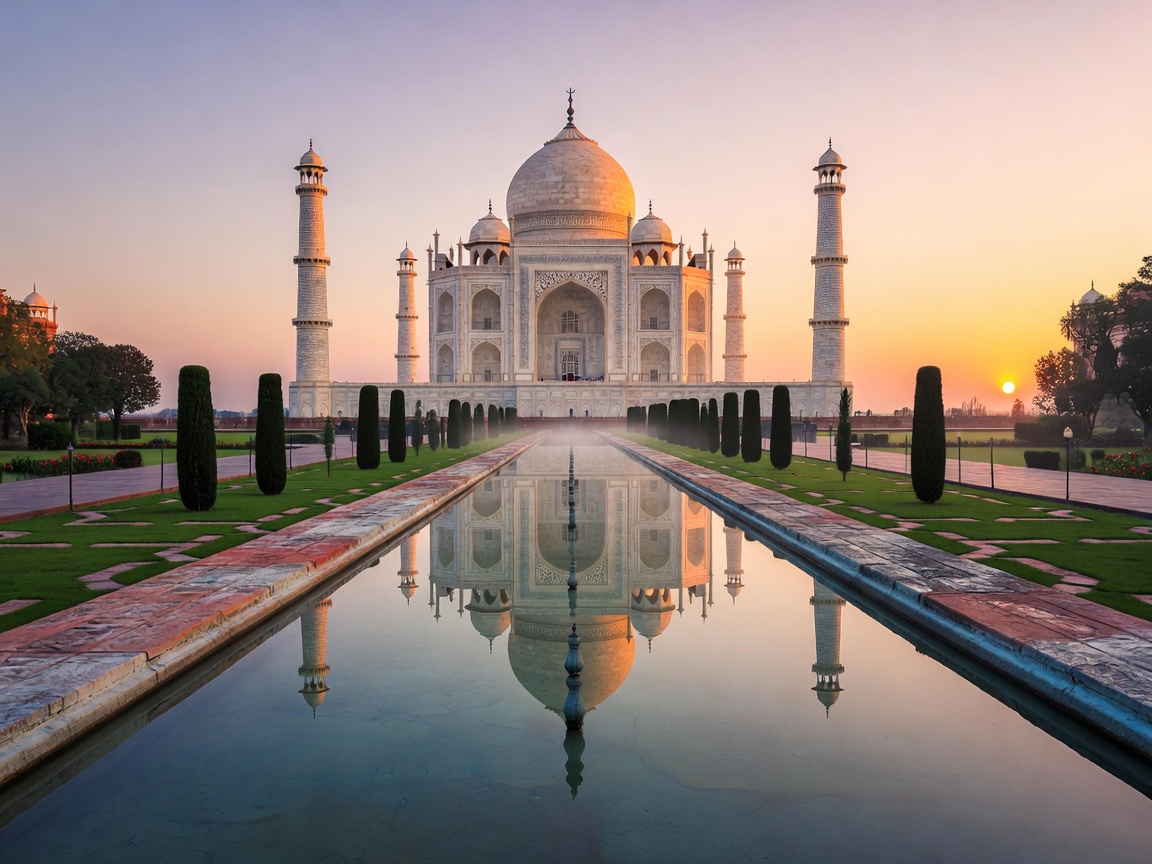 Taj Mahal white marble mausoleum reflected in tranquil garden reflection pool at sunrise