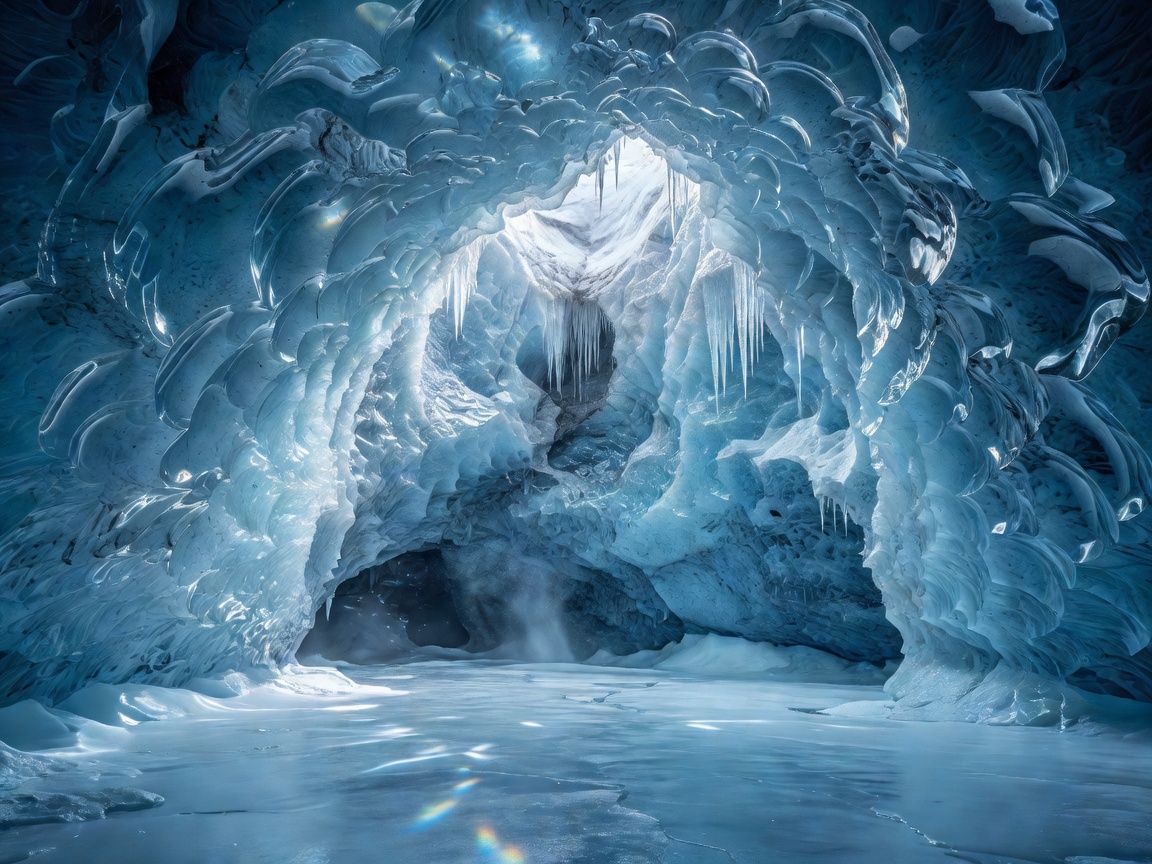Crystal blue subterranean ice cave illuminated by natural glacial light in Iceland