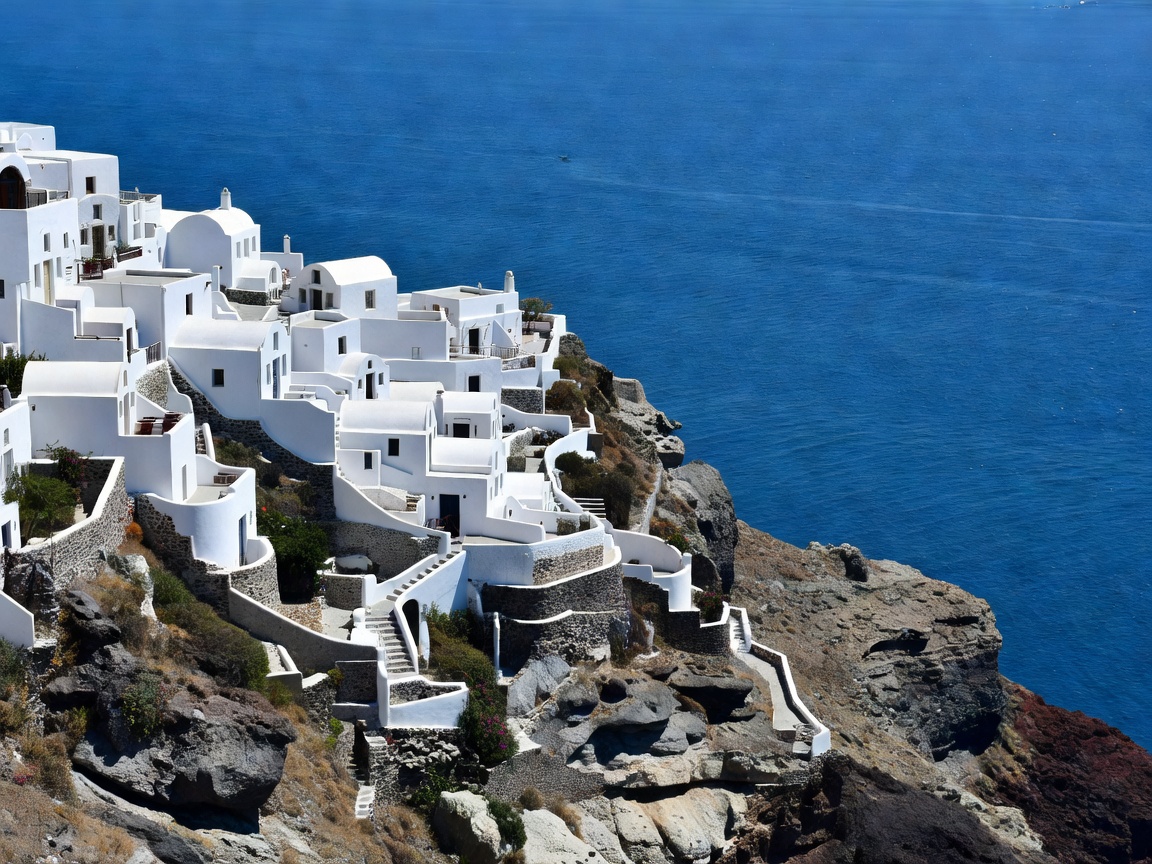 Whitewashed Santorini cliffside architecture facing deep cobalt Aegean sea