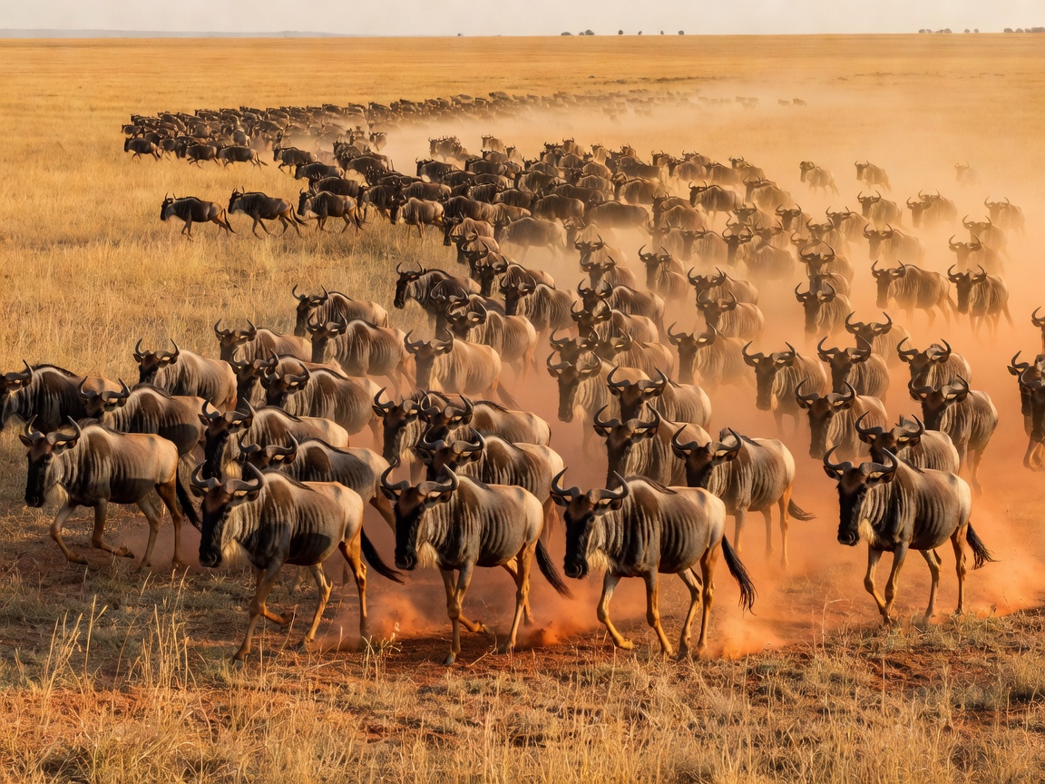 Wildebeest herd running through Serengeti golden plains