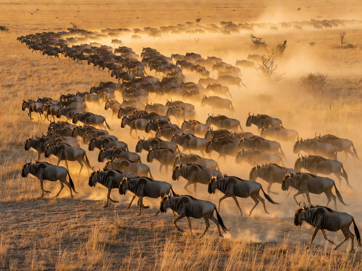 Wildebeest migration herd crossing golden African savannah at dawn